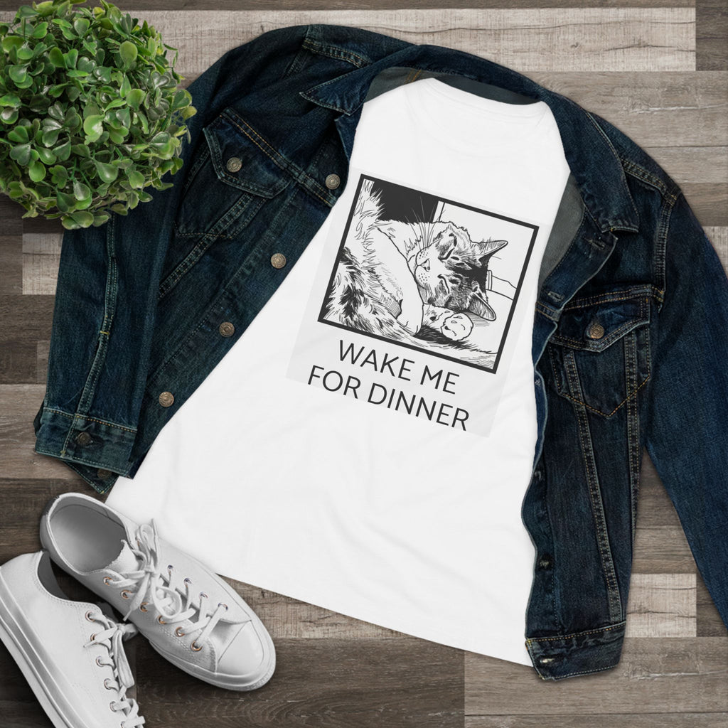 Sleeping Cat Illustration Wake Me For Dinner Tee | Cat Lover Shirt