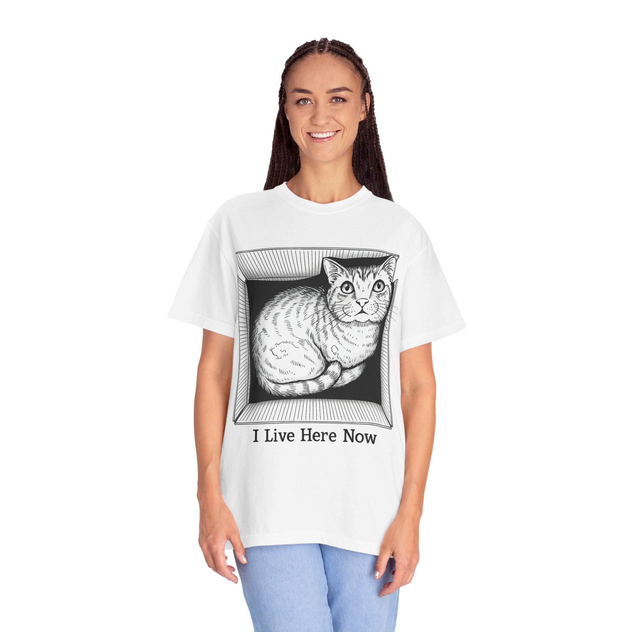 I Live Here Now | Floyd Cat in Box Comfort Colors Tee | Funny Cat Lover Shirt | Tabby Cat Gift