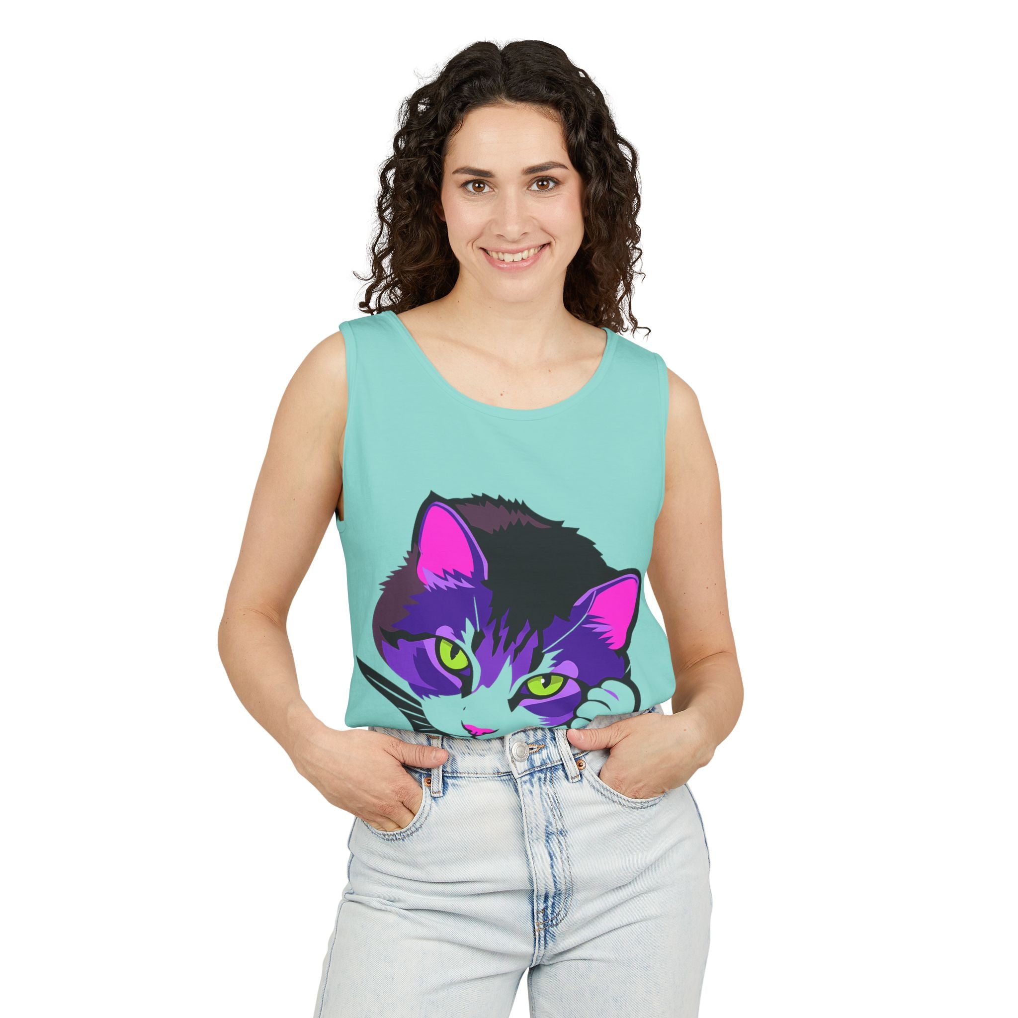 Neon Feline | Lulu Cat Face Tank | Bold Pop Art Cat Graphic | Comfort Colors Tank Top | Cat Lover Gift